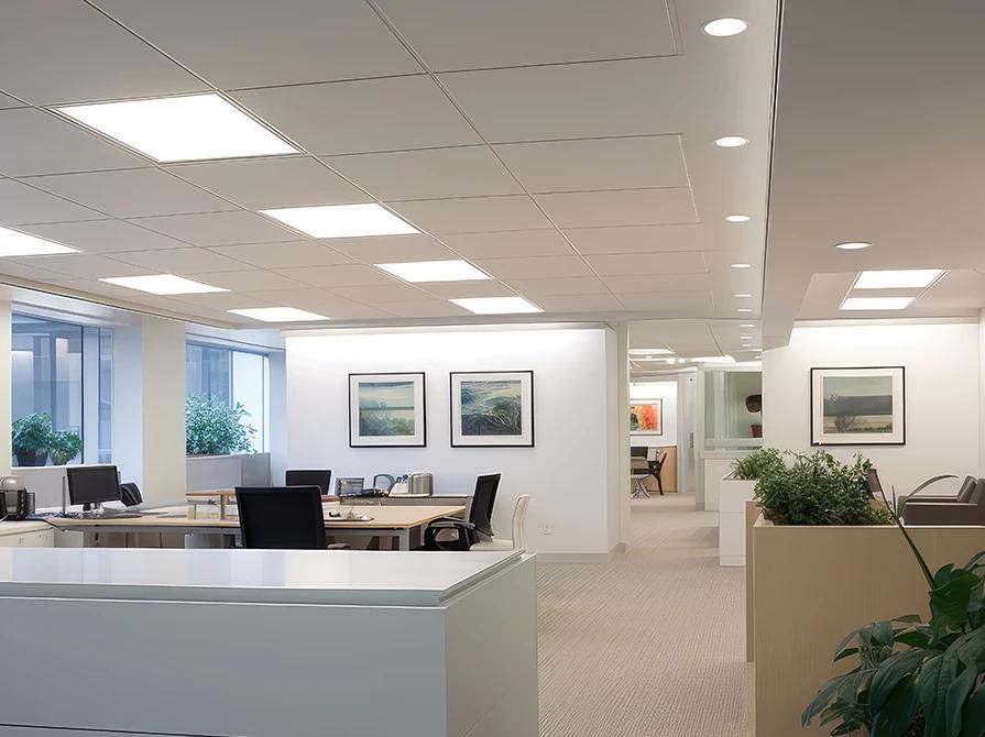Office area with recessed panel lighting